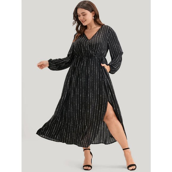 BloomChic Dresses & Skirts - BloomChic Striped Lantern Long Sleeve Pocket Split Wrap Midi Dress 18-20 2X
